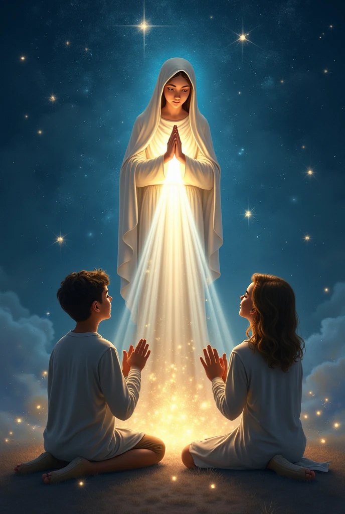 Create an image where the virgin of fatima (whose appearance is more brilliant than the sun, and
radiated a light more clear and intense than a crystal glass filled with
sparkling water, when the rays of the burning sun shine through it.) is saving a soul of a young male sinner (who is a soul not a  physical body )and Our Lady opened her hands,
communicating to him a light so intense from her hands that, as it streamed from
her hands, its rays penetrated his heart and the innermost depths
of his soul, making him see himself in God, Who was that light,
more clearly than he sees himself in the best of mirrors at God's heavenly court where around her there are angels ( but the virgin of fatima does not have wings only the angels)