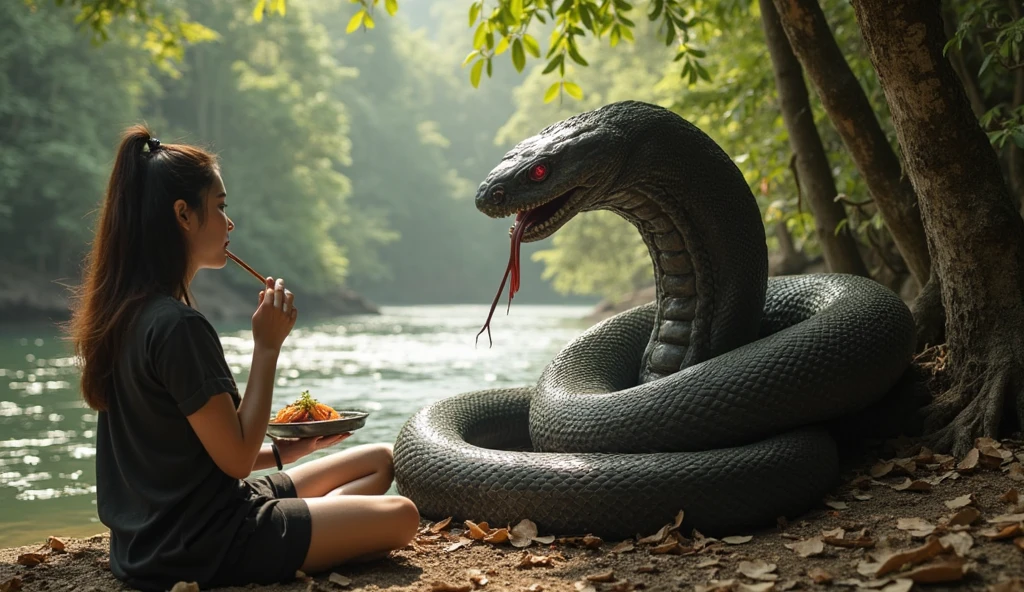 ((ultra-realistic photo)) [A 19-year-old Indonesian woman with flawless fair skin sits at the edge of a river in a lush jungle, eating a grilled fish. She wears a worn black batik blouse and a black skirt, both looking dirty from the environment. Beside her, a massive black snake with glowing red eyes sits calmly, its mouth slightly open, revealing its long, flickering tongue and sharp fangs. The snake's size is enormous, its body coiled around nearby trees, its thick, muscular form towering over the woman. The surrounding jungle is dense, with bright sunlight filtering through the thick trees, casting soft shadows on the scene.]  
- Lighting: Natural daylight with soft, diffused light filtering through the dense jungle canopy, creating a warm and realistic atmosphere.  
- Camera angle: Wide-angle shot from a slightly elevated position, capturing the immense size of the snake next to the woman, highlighting its large body and imposing presence. The river and surrounding jungle add depth to the composition.  
- Resolution: (((8K))), HDR, highly detailed, with realistic textures on the snake’s scales, the woman’s clothes, and the natural environment around them.