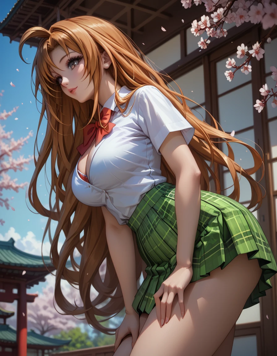 score_9, score_8_up, score_7_up, 1girl, solo, beautiful waifu, thicc, tall, mature sexy woman, (Aya Natsume, natsume aya, orange hair, long hair, brown eyes, ahoge:1.2), wearing (white school uniform, skirt, short skirt, plaid, green plaid skirt:1.1), (short sleeves, bare arms:1.1), cleavage, detailed eyes, detailed face, flirt, (sexy pose:1.2), standing, bent over, leaning forward, in beautiful Kyoto park, cherry blossoms, lowlight, early evening, shallow depth of field, (side view, low angle:1.2).