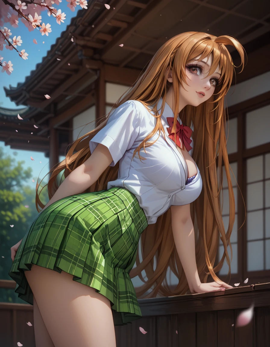 large breasts,show off nipples,topless,high quality detailed portrait of a beautiful young anime-style girl with long pink hair wearing a red jacket, green tie and green skirt, sitting at a desk and looking sideways at the viewer, masterpiece, amagake yuri, hair ornaments, detailed face, detailed eyes, detailed lips, detailed hands, detailed clothing, chiaroscuro lighting, cinematic composition, vibrant colors, photorealistic, 8k, high resolution, best quality