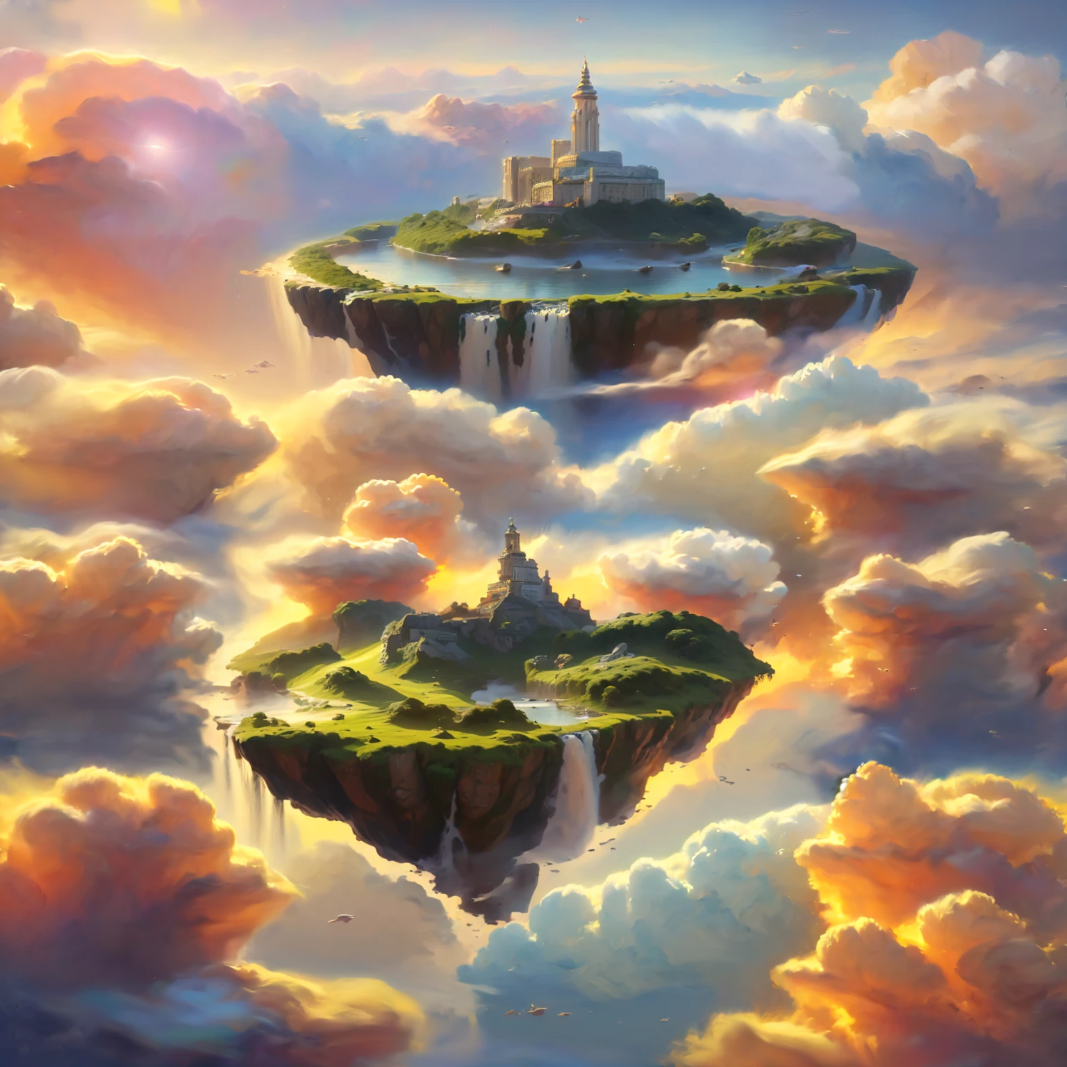 8K quality,(masterpiece:1.3), top quality, detailed images,unmanned,No bio,Above the Clouds( Floating Small Island , small islands float , small islands rise ,Small islands fly in the sky , lots of islets float, waterfalls flow from the small island ),( only islets, water, clouds, and space ),(During the evening and night ,The sun is God 々Shining brightly, the stars are shining ,Golden Gradation ).