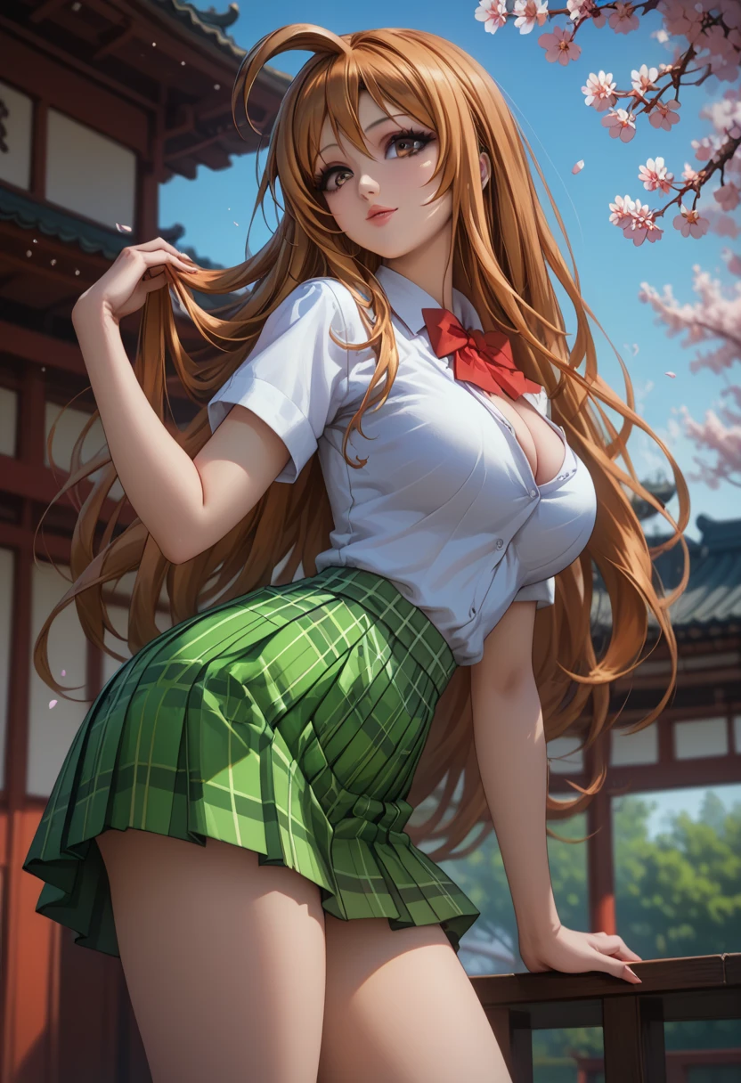 score_9, score_8_up, score_7_up, 1girl, solo, beautiful waifu, thicc, tall, mature sexy woman, (Aya Natsume, natsume aya, orange hair, long hair, brown eyes, ahoge:1.2), wearing (white school uniform, skirt, short skirt, plaid, green plaid skirt:1.1), (short sleeves, bare arms:1.1), cleavage, detailed eyes, detailed face, flirt, (sexy pose:1.2), standing, bent over, leaning forward, in beautiful Kyoto park, cherry blossoms, lowlight, early evening, shallow depth of field, (side view, low angle:1.2).