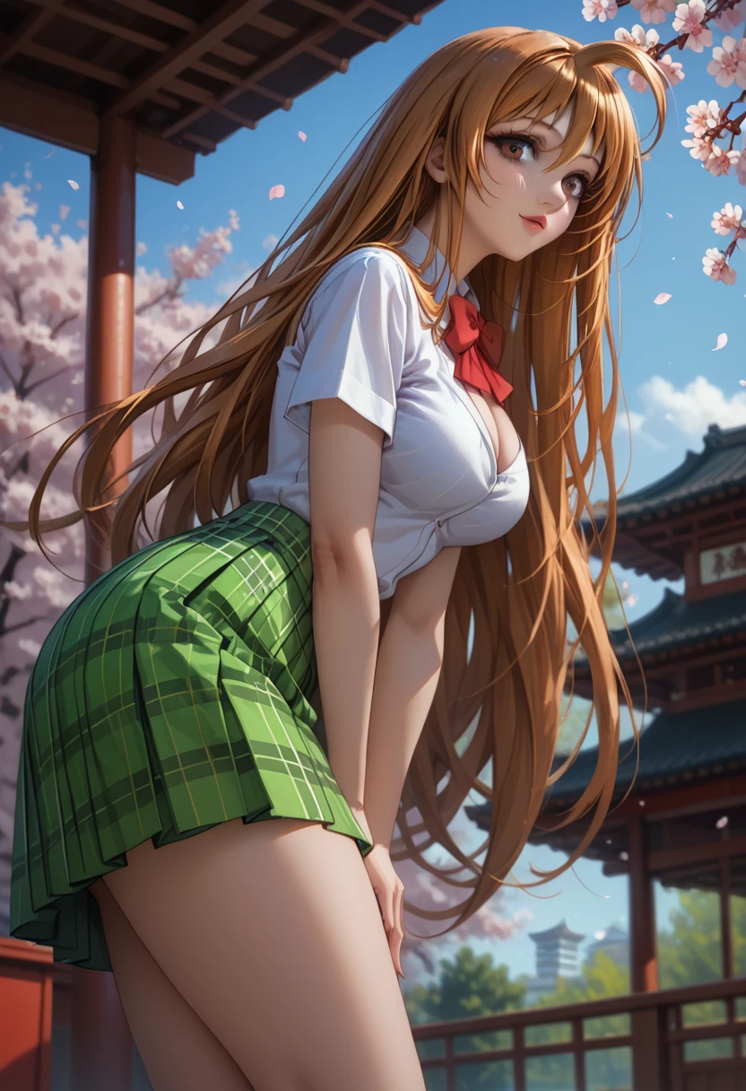 score_9, score_8_up, score_7_up, 1girl, solo, beautiful waifu, thicc, tall, mature sexy woman, (Aya Natsume, natsume aya, orange hair, long hair, brown eyes, ahoge:1.2), wearing (white school uniform, skirt, short skirt, plaid, green plaid skirt:1.1), (short sleeves, bare arms:1.1), cleavage, detailed eyes, detailed face, flirt, (sexy pose:1.2), standing, bent over, leaning forward, in beautiful Kyoto park, cherry blossoms, lowlight, early evening, shallow depth of field, (side view, low angle:1.2).