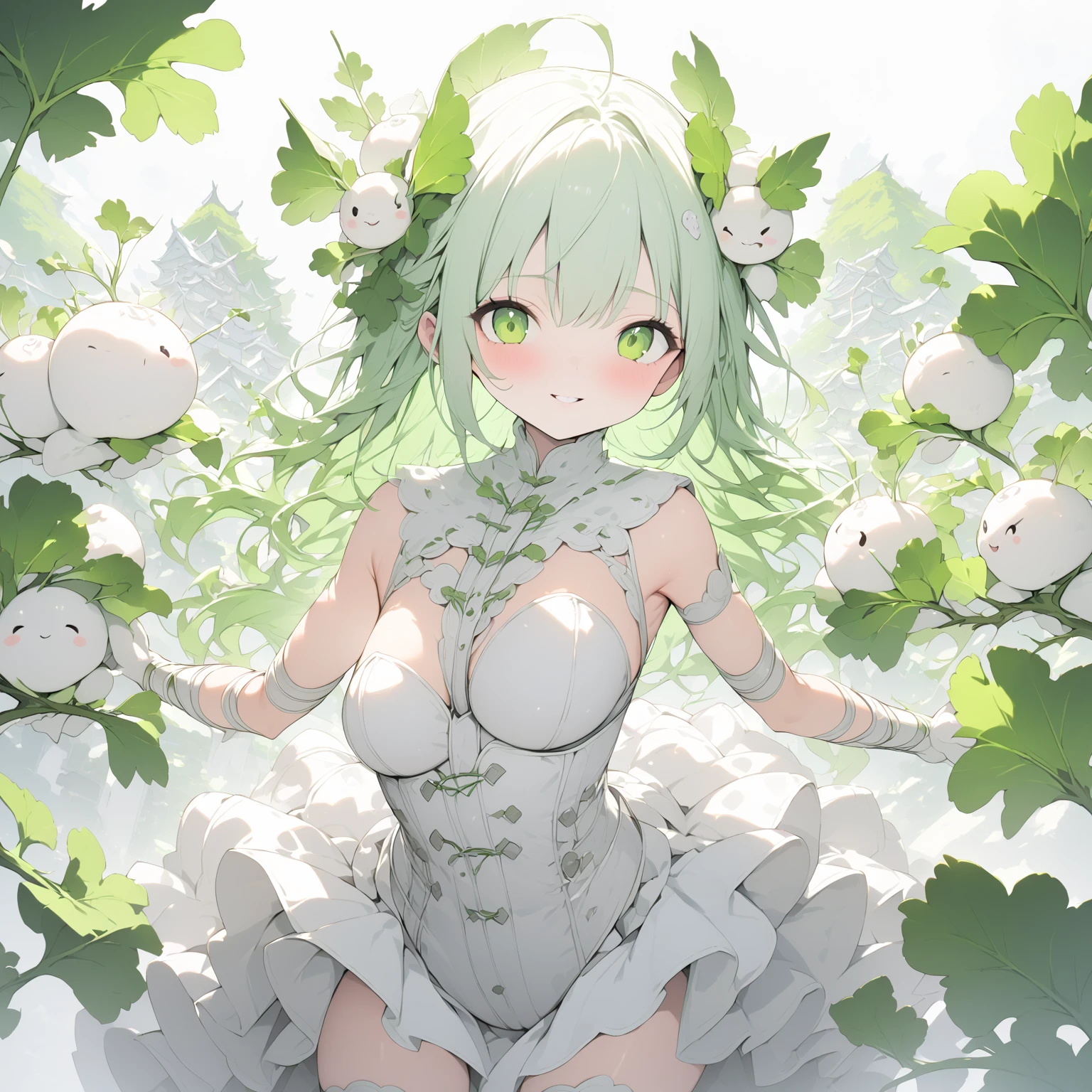 A creature with a white radish motif :1.1 , Japanese schoolgirl , Bright Atmosphere , (masterpiece, top quality, very detailed depiction, Incredibly Absurd High Definition ) , ( shiny white bondage corset with intricate structure , white knee-length skirt, Long Grove ,White tights, leather thigh-high boots),(green hair like radish leaves ,High quality skin, dramatic lighting ,top of mountain
