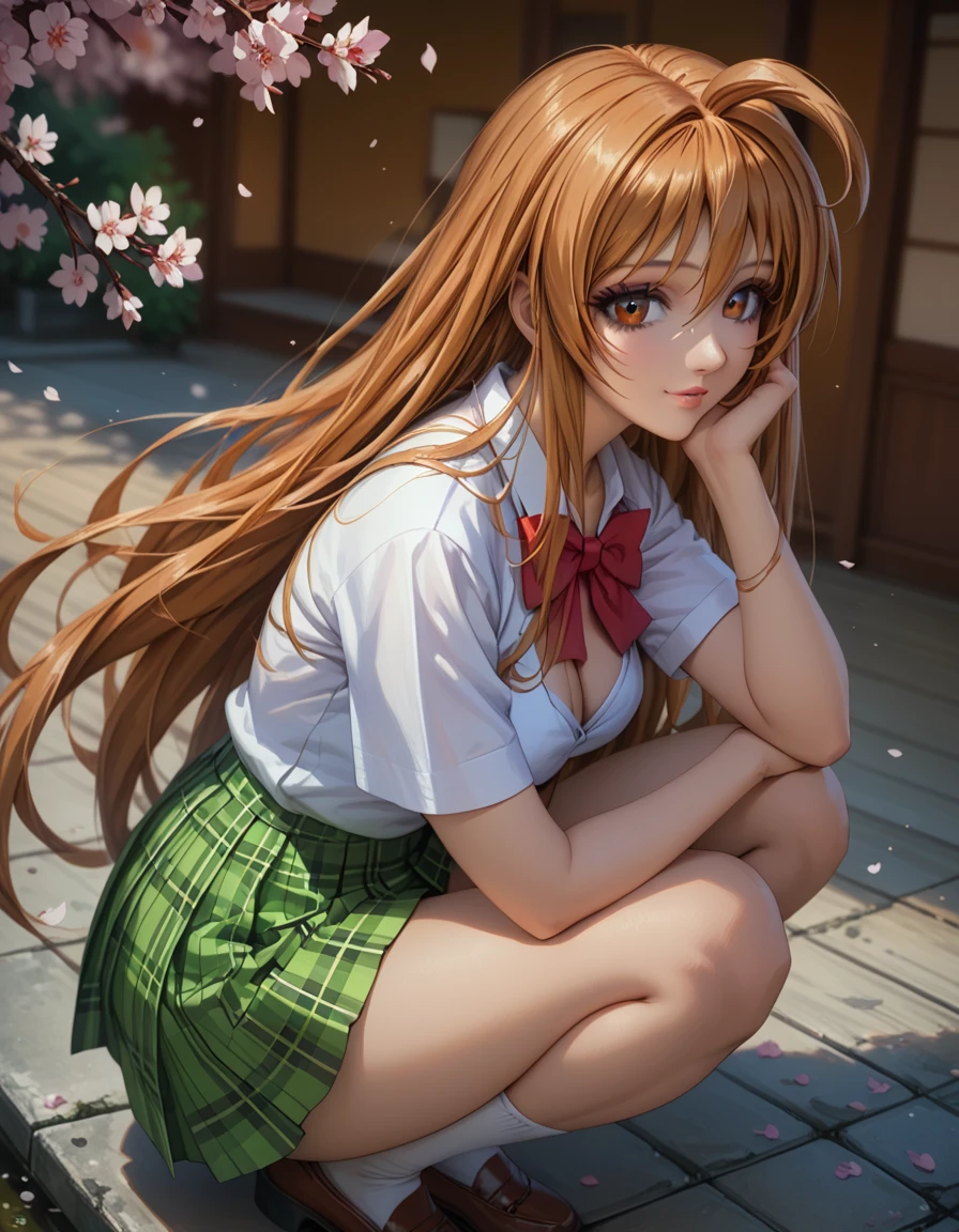 score_9, score_8_up, score_7_up, 1girl, solo, beautiful waifu, thicc, tall, mature sexy woman, (Aya Natsume, natsume aya, orange hair, long hair, brown eyes, ahoge:1.2), wearing (white school uniform, skirt, short skirt, plaid, green plaid skirt:1.1), (short sleeves, bare arms:1.1), cleavage, detailed eyes, detailed face, flirt, (sexy pose:1.2), crouching, in beautiful Kyoto park, cherry blossoms, lowlight, early evening, shallow depth of field, (side view, high angle, shot from above:1.2).