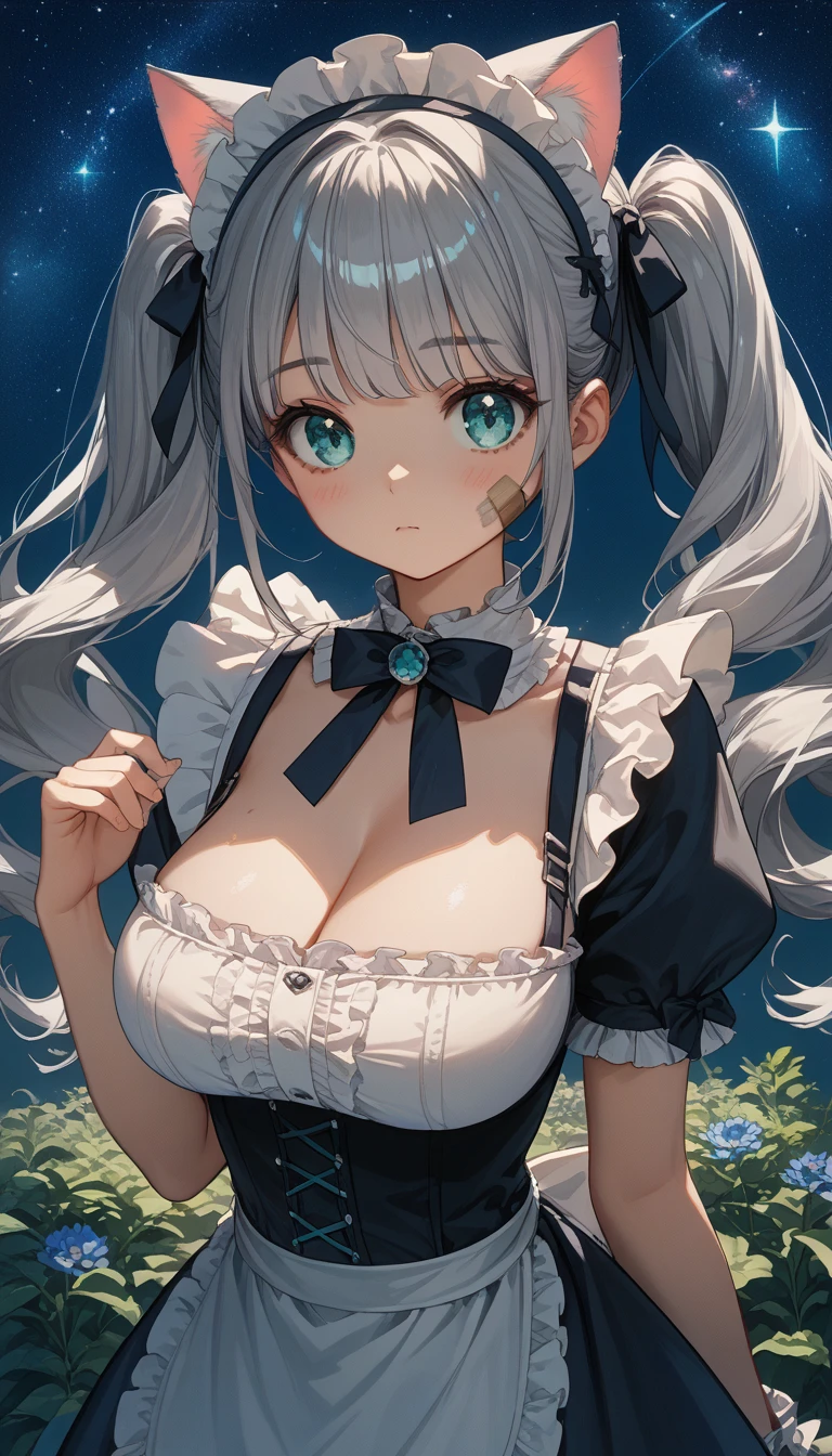 score_9, score_8_up, score_7_up,source_anime,1 cute girl,Silver Hair, twin tails、cat ears,　　Big Breasts、 Lolita style maid clothes、　Miniskirt、　valley、　Aqua Eye 、　Dirty body、　 night view、　Admire the starry sky 