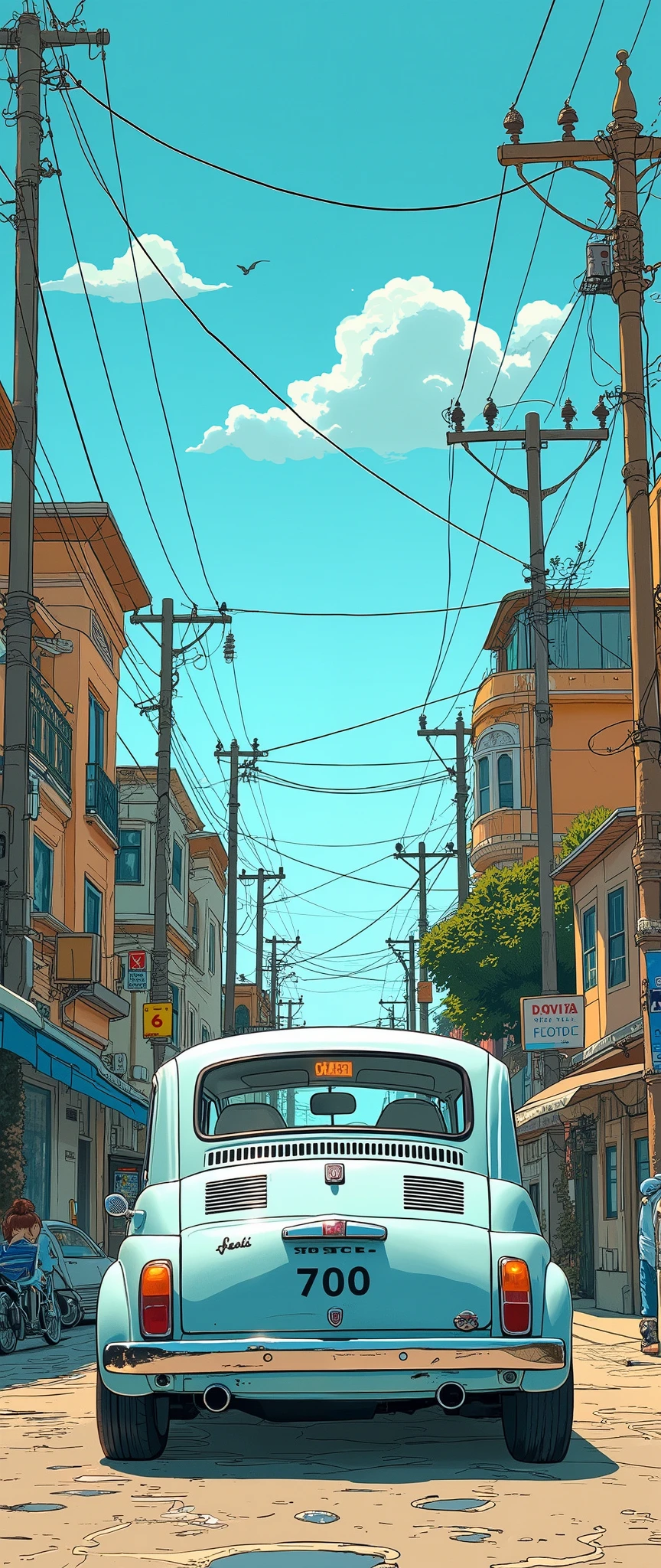 ( masterpiece :1.2, top quality),( very detailed), Anime Style,8k,16k, wallpaper,( Fiat 500:2.0), Beautiful blue sky ,(South Africa 2 .0),( Cape Town :2.0),( dynamic :2.0)