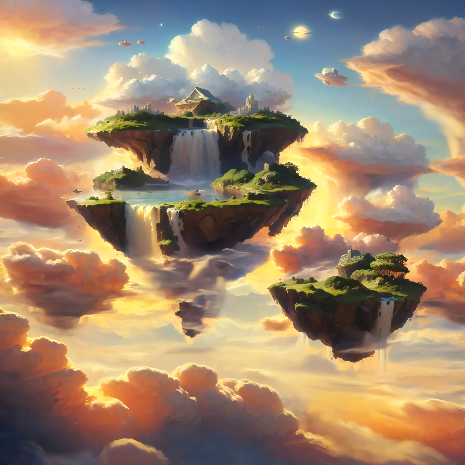 8K quality,(masterpiece:1.3), top quality, detailed images,unmanned,No bio,There are no buildings,Above the Clouds( Floating Small Island , small islands float , small islands rise ,Small islands fly in the sky , lots of islets float, waterfalls flow from the small island ),( only islets, water, clouds, and space ),(During the evening and night ,The sun is God 々Shining brightly, the stars are shining ,Golden Gradation ).