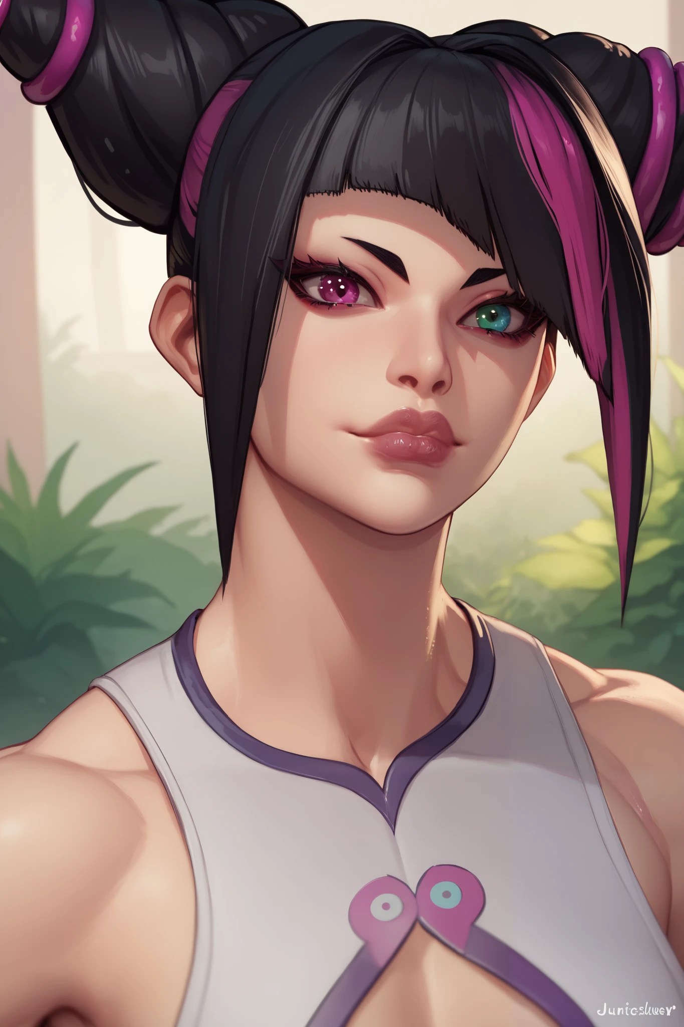 ((juriSDXLSF6)), ((juri han)), ((masterpiece)), ((face portrait)), ((cartoon style)), {(toned figure), (heterochromia), (thin eyebrows), (long eyelashes), (black hair with pink accents), (two toned hair), (lush lips)}, {(black body paint on torso)} {(looking at viewer)}