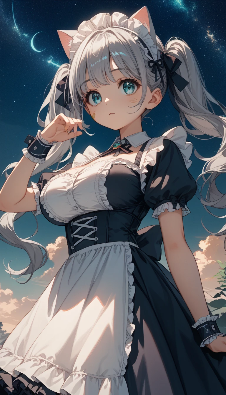 score_9, score_8_up, score_7_up,source_anime,1 cute girl,Silver Hair, twin tails、cat ears,　　Big Breasts、 Lolita style maid clothes、　Miniskirt、　valley、　Aqua Eye 、　Dirty body、　 night view、　I'm looking up at a sky full of stars、