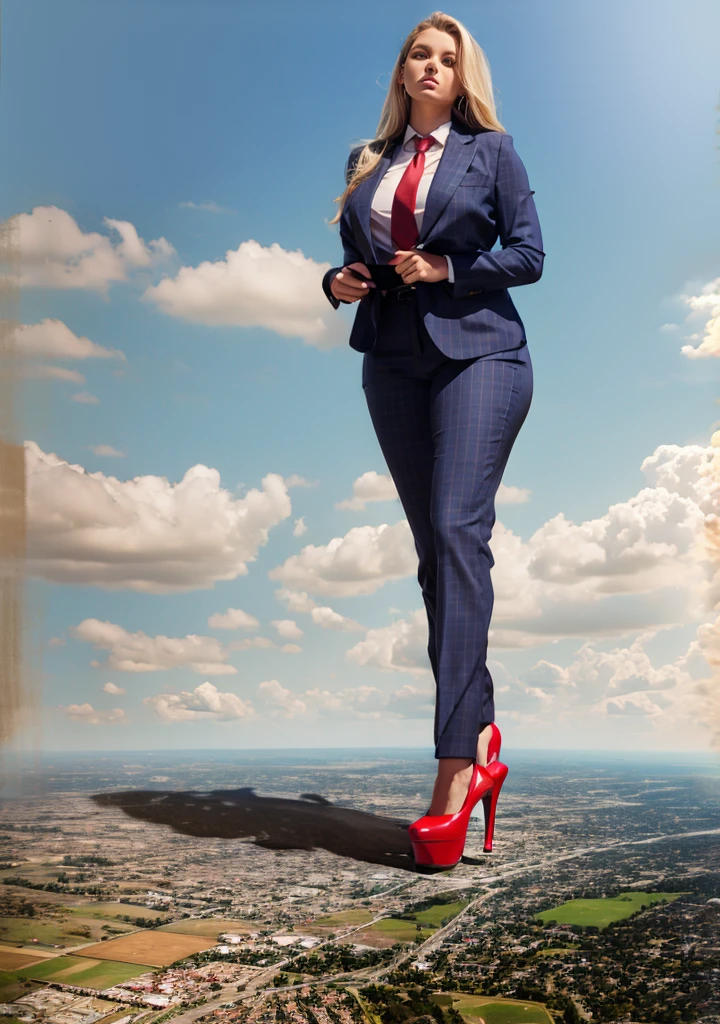 massive 100 miles tall giantess A sophisticated and stylish woman in a grey pinstriped trousers and blazer, white shirt, and a large wide necktie in a windsor knot, with a beautiful, curvaceous figure, massive breasts, and long blonde hair, with a curvaceous figure and massive breasts. wearing red rounded platform high heels with uncovered feet and standing, rampage-like pose, with a cityscape background of mega-city, urban sprawl, and small towns, partially obscured by a hazy, cloudy atmosphere. The image is a high-resolution, masterpiece-quality, cinematic, ultra-detailed, and hyper-photorealistic photograph, with perfect hands, face, and lighting. ultra-detailed, 8K, photo-realistic, hyper-realistic, masterpiece, intricate details, full body view. Looking at camera, The image is a high-resolution, masterpiece-quality, cinematic, ultra-detailed, and hyper-photorealistic photograph, with perfect hands, face, and lighting. ultra-detailed, 8K, photo-realistic, hyper-realistic, masterpiece, intricate details, full body view