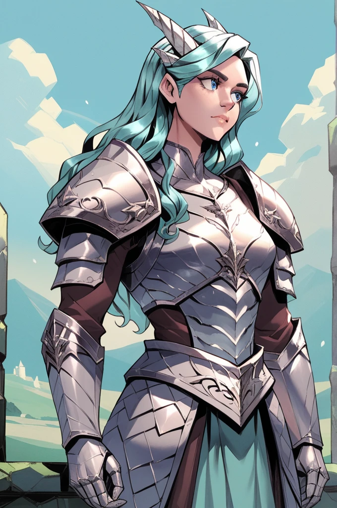 Draconiano, high, muscular,  long hair , seeds, metallic silver color ,  shimmering silver scales ,  light blue eyes ,  with simple silver medieval armor with blue details, Pose Noble,  on an icy mountain with Northern Lights in the sky . High resolution ,  masterpiece , 