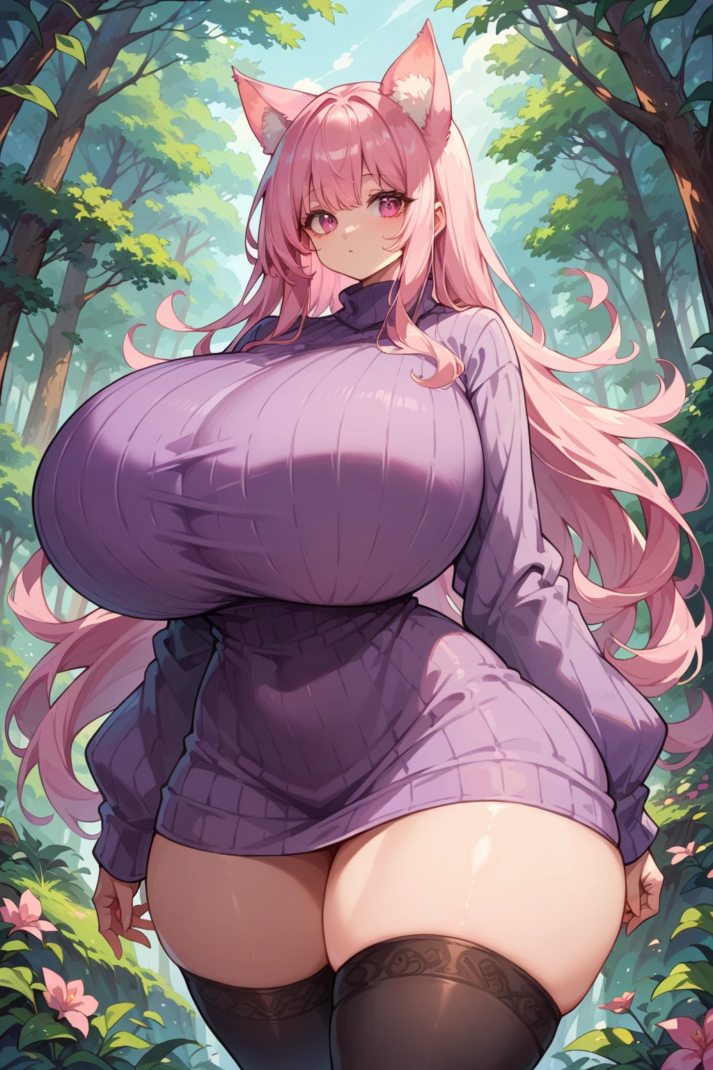 light pink hair, long hair, tall cat ears, pink eyes, cute, gigantic breasts, gigantic thighs, extremely wide hips, ribbed sweater, black thighhighs, forest, nature, purple sweater