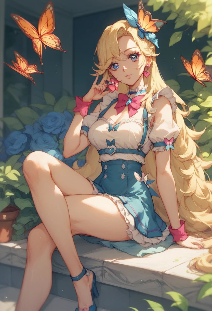 a beautiful 20 year old blonde woman with big messy hair in a blue dress, white stockings, black headband, cleavage, fantasy art style, rossdraws cartoon vibrant, alice x. zhang, alice in wonderland cyberpunk, cute detailed digital art, colorfull digital fantasy art, digital fantasy art ), glossy digital painting, rossdraws pastel vibrant, rossdraws 2. 5, rossdraws 1. 0