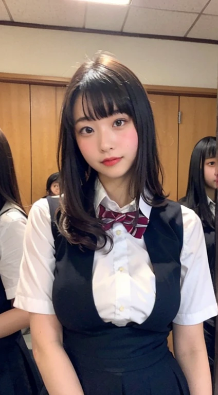 Girls standing in a school classroom, Red plaid bow tie,18-year-old,bangs,Smile a little,Thighs,knees,Low Ponytail,From below,((Voluptuous body),(太いThighs), Sit at the table,Sitting with legs crossed