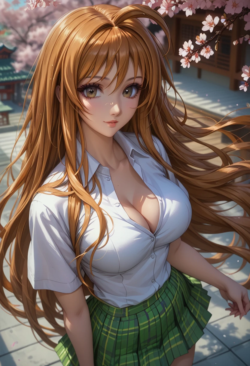 score_9, score_8_up, score_7_up, 1girl, solo, beautiful waifu, thicc, tall, mature sexy woman, (Aya Natsume, natsume aya, orange hair, long hair, brown eyes, ahoge:1.2), wearing (white school uniform, skirt, short skirt, plaid, green plaid skirt:1.1), (short sleeves, bare arms:1.1), cleavage, detailed eyes, detailed face, flirt, (sexy pose:1.2), standing, in beautiful Kyoto park, cherry blossoms, lowlight, early evening, shallow depth of field, (high ange, shot from above:1.2).