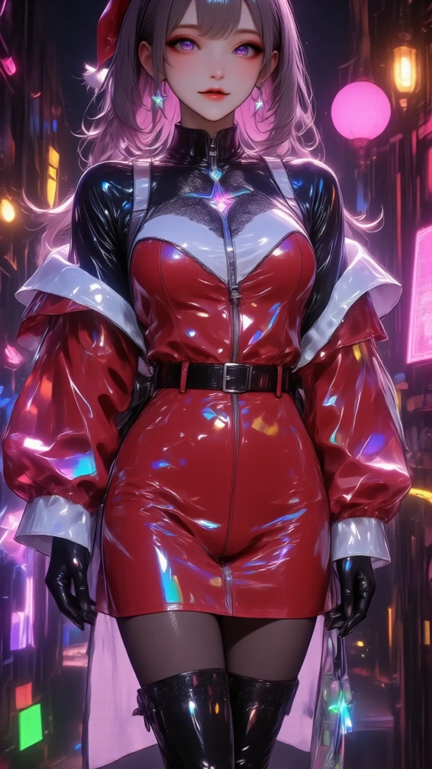  1 mature bewitching woman ,(masterpiece, top quality, very detailed depiction, Incredibly Absurd High Definition ,Curvaceous Body),(Bewitching Queen ),(Red latex maid style Santa Claus costume, pencil skirt, bodystocking,Santa hat,black lace gloves, luxury accessories ,A mysteriously shining jewel, black tights, high heels, thigh high boots ),(Purple Eyes,Crazy Eyes, Half Closed Eyes :1.5, are opening their mouths, bewitching smile, Glossy Lipstick,Beautiful legs, healthy legs,Seductive gestures), standing:2.0, full body image :2.0,Dim atmosphere,Lamplight,