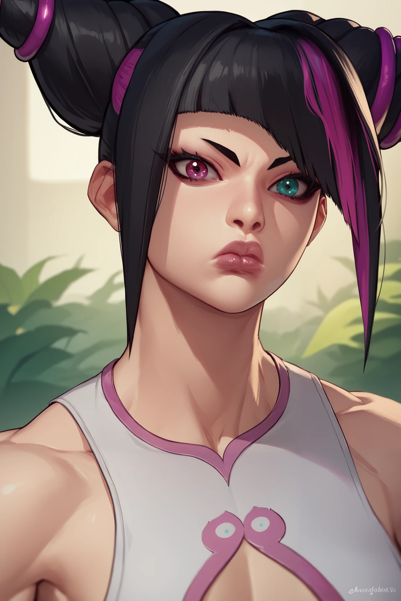 ((juriSDXLSF6)), ((juri han)), ((masterpiece)), ((face portrait)), ((cartoon style)), {(toned figure), (heterochromia), (thin eyebrows), (long eyelashes), (black hair with pink accents), (two toned hair), (lush lips)}, {(black body paint on torso)} {(looking at viewer)}