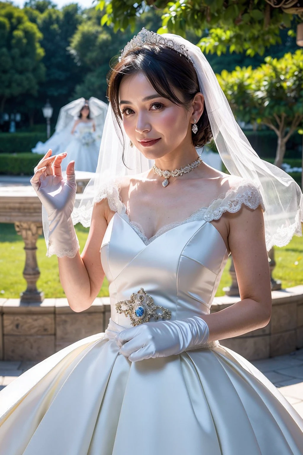 ((Masterpiece)), ((Best Quality)), A middle-aged short-hair woman, (((She is wearing an ornamental wedding dress))), in a park, white gloves on her hands, Asian, dark eyes, white veil, full body, from side