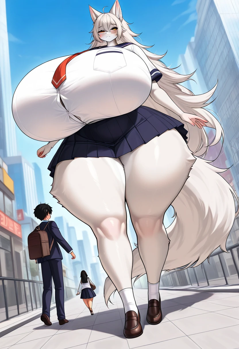 Anime style wolf Furry women,full body, (gigantic breasts)(very wide gigantic hips) very long medium legs, school uniform, in the city, 