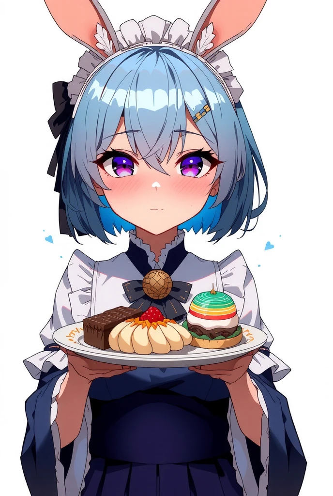 1girl, rabbit girl, animal ears, purple eyes, rabbit ears, short hair, blue hair, open mouth, parted lips, blush, japanese clothes, apron, maid headdress, skirt, frills, maid, kimono, wide sleeves, long sleeves, pleated skirt, looking at viewer, wagashi, dango, food, animal, rabbit, holding animal, solo, holding, yagasuri, white background, simple background, cowboy shot, wa maid, holding food, animal ear fluff, sanshoku dango, frilled apron, white apron