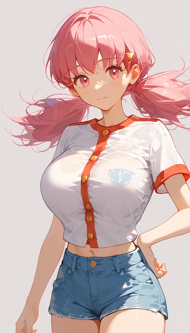 (8k,  top quality,   masterpiece  :1.3), pose, 1 girl in uniform,  very beautiful face  , random expression ,ＪＫ_ style for stilets ,(Age 19),Big Breasts,zzWhitney, pink eyes, pink hair, pigtails, hair clip, white shirt, denim shorts,