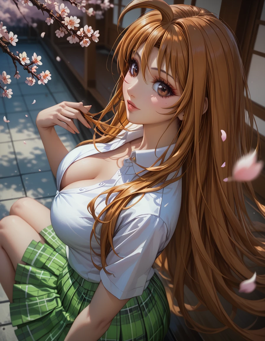 score_9, score_8_up, score_7_up, 1girl, solo, beautiful waifu, thicc, tall, mature sexy woman, (Aya Natsume, natsume aya, orange hair, long hair, brown eyes, ahoge:1.2), wearing (white school uniform, skirt, short skirt, plaid, green plaid skirt:1.1), (short sleeves, bare arms:1.1), cleavage, detailed eyes, detailed face, flirt, (sexy pose:1.2), crouching, in beautiful Kyoto park, cherry blossoms, lowlight, early evening, shallow depth of field, (side view:1.2), (high angle, shot from above:1.3).