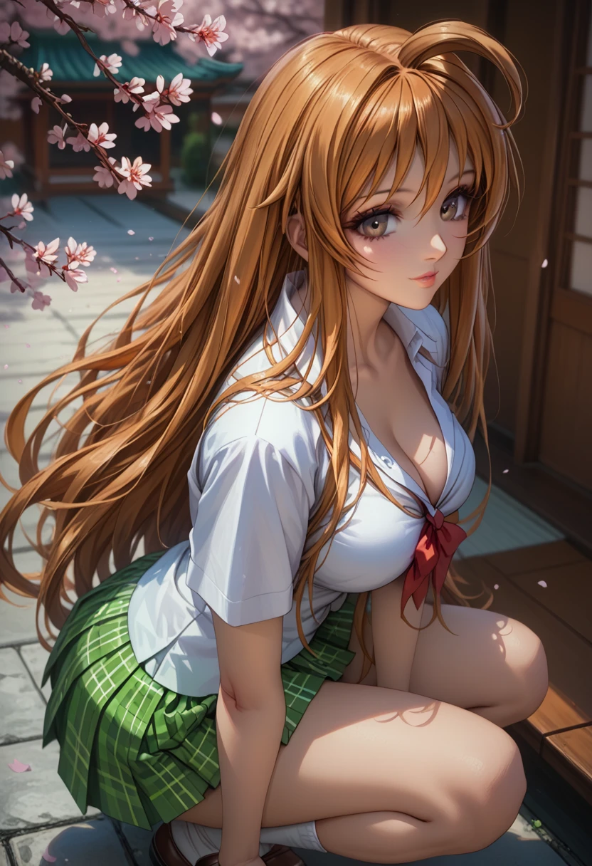 score_9, score_8_up, score_7_up, 1girl, solo, beautiful waifu, thicc, tall, mature sexy woman, (Aya Natsume, natsume aya, orange hair, long hair, brown eyes, ahoge:1.2), wearing (white school uniform, skirt, short skirt, plaid, green plaid skirt:1.1), (short sleeves, bare arms:1.1), cleavage, detailed eyes, detailed face, flirt, (sexy pose:1.2), crouching, in beautiful Kyoto park, cherry blossoms, lowlight, early evening, shallow depth of field, (side view:1.2), (high angle, shot from above:1.3).