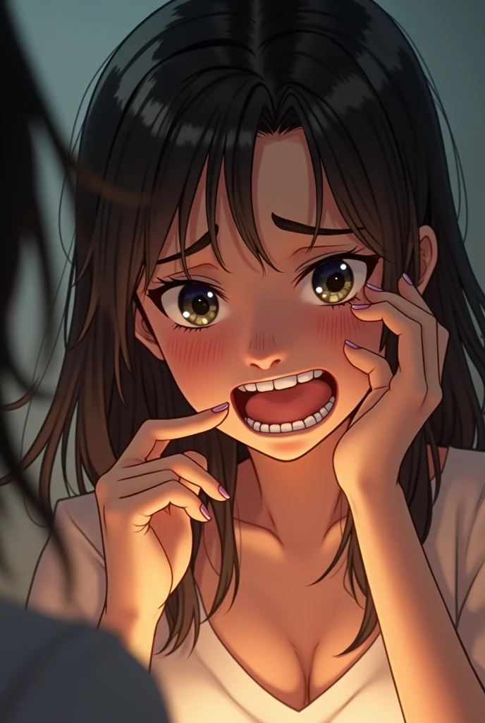 (best quality:1.6), (masterpiece:1.2), (realistic:1.4), (hair over one eye:1.2), (tareme:1.2), (open mouth), (tongue out:1.3), laughing, teeth fangs, (oral invitation:1.3), slender, well toned abs, mekakure, black shirt and white suit, (staring at me with a provocative smile:1.2), arm to head, shiny colored long hair, asymmetrical messy hair, knees up, cyberpunk lighting, cinematic angle, Rule of thirds, Detailed drawing, perfect anatomy, (High Resolution), (high detailed skin), ((top-quality)), ((High Definition)), high quality shadow, mostly cloudy sky, detailed background, ((Unbeatable masterpiece)), Maximum clarity and sharpness, Multi-layer Textures, Post-Processing, Anisotropic Filtering, octane render, two-tone lighting, professional photography, Realistic portrait, White balance, Long Exposure, Low ISO, 8K RAW, perfect hands, detailed fingers, Ray Tracing, Depth of Field, (((Photorealistic))), anatomically correct, (((Best Quality))), (((Super Detail))), (((UHD)))