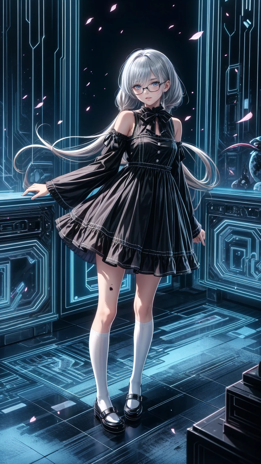 Tokyo ghoul style, female, 22, long white wavy hair in 2 pigtails, light blue bow accessories, white and baby blue ****ta dress, black Mary janes, white knee high socks, holding a stitched up toy rabbit, adult woman, mature, grey eyes, glasses, smiling, standing over a bloodied , covered in blood splatter, headless dolls on the ground, mutilated stuffed animals