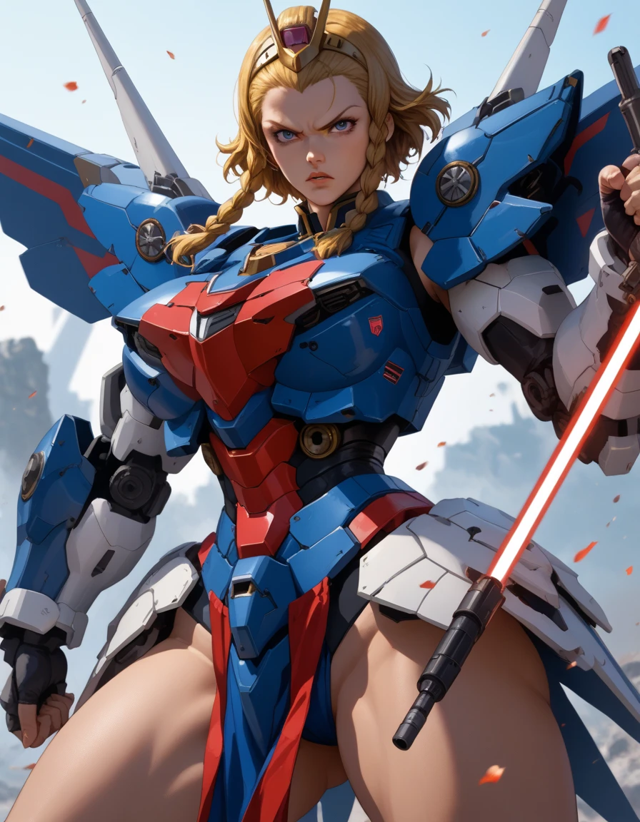 1woman, A single character combining elements from "Leina Vance" and "Gundam Red Astray";; blonde woman, purple eyes, determined expression, braided sidelocks, wide hips, (thighs exposed:1.27), (extreme cleavage showing);; wearing y-shaped breast plate armor, mecha armor, Gundam shield on left arm, mecha gauntlet on right arm, red beam saber in right hand, long loin cloth between legs;; standing with legs apart, (fighting poses);; space battle setting