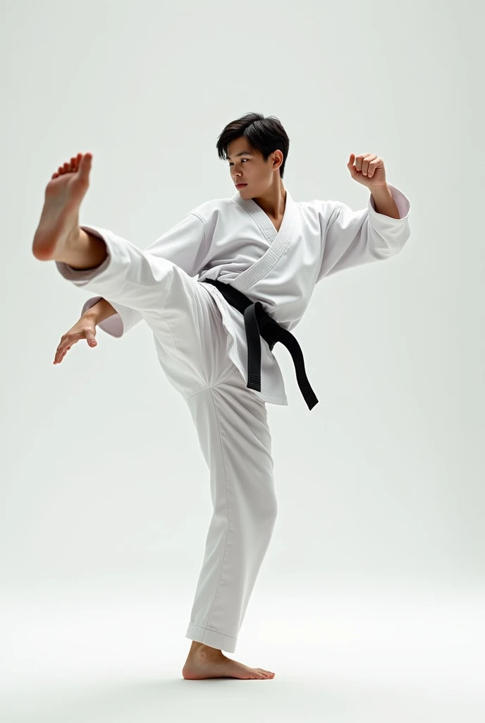 Young man doing kick on kumita mat thats have very muscular muscels wearing karate uniform with VAIBHAV name typed ON HER uniform ON legs  SGFI. typed in baground wall