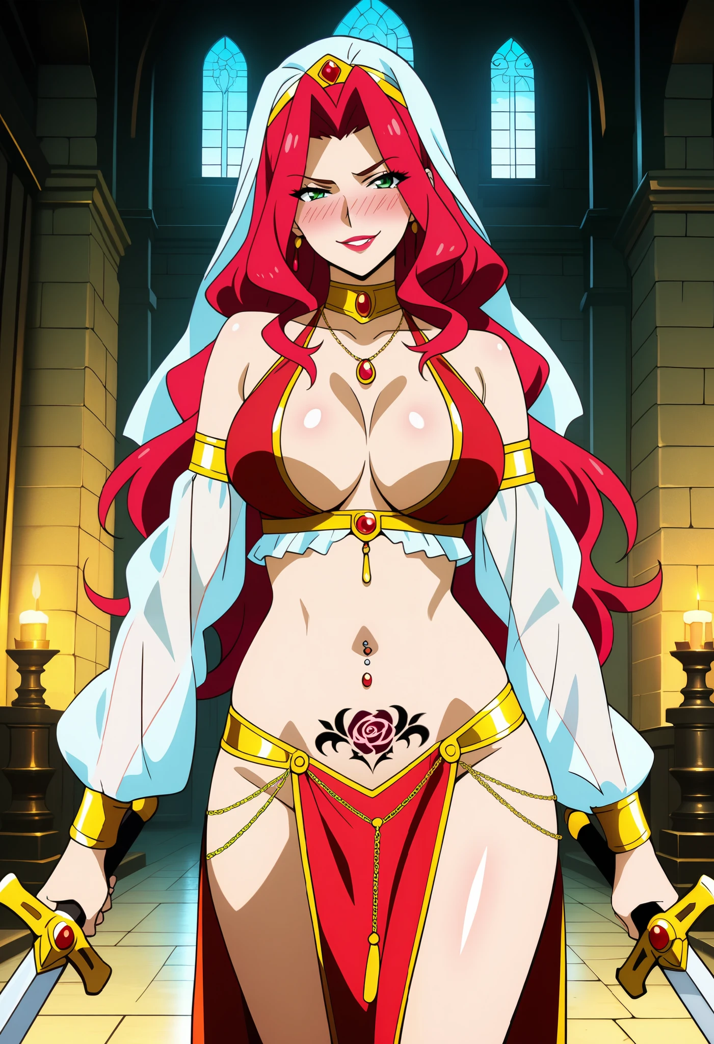 (masterpiece, best quality:1.2), 1girl, solo, ((hip vent)), frills, long hair, red hair, green eyes, circlet, jewelry, gold shackles, blue eyes, mature, woman, indoors, arabian inn, full body, cowboy shot <lora:Shauna SN:1>