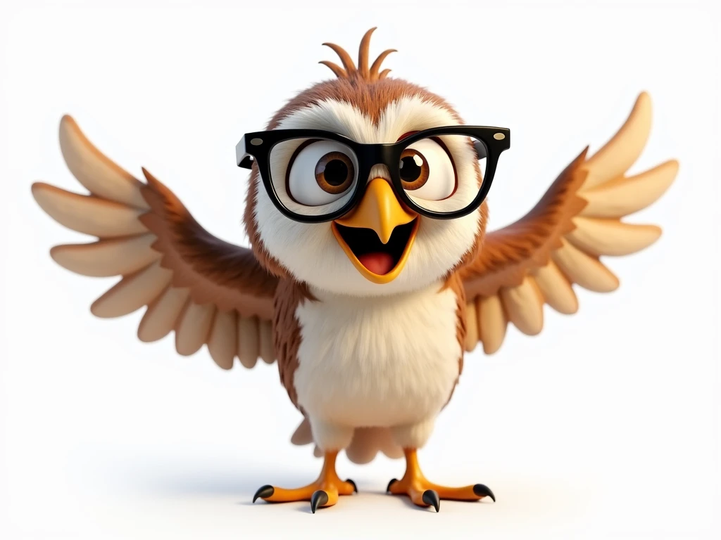 pixar-style 3d cartoon of a brown and white owl, old, black glasses , Expressive eyes, Mouth talking , gesturing with wings, white background