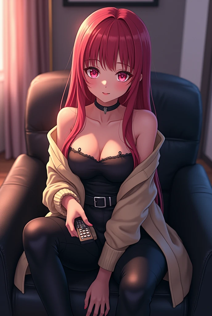 sexy red hair Anime girl sitting and studying, with a little glimpse of her legs. big breasts cleavage, night outside