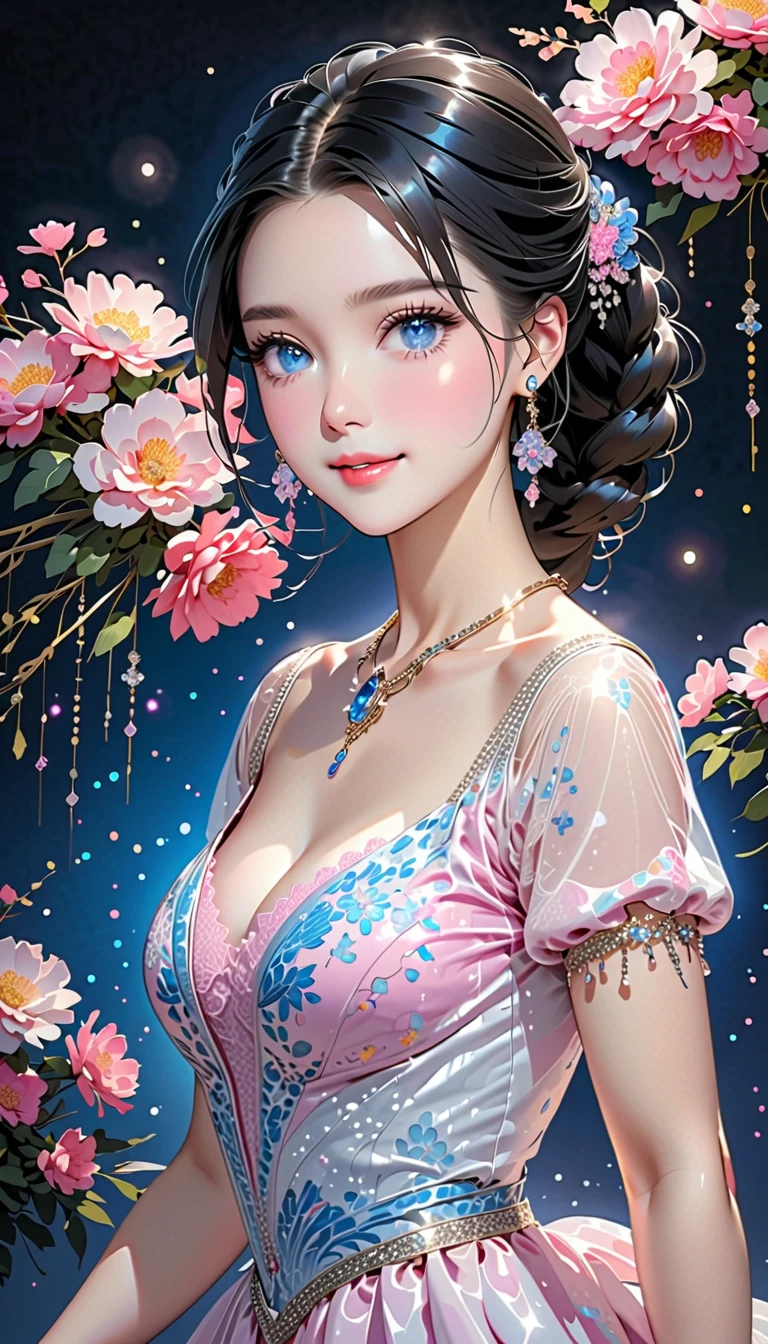 (best quality,4k,8k,highres,masterpiece:1.2), ultra-detailed, (realistic,photorealistic,photo-realistic:1.37), portraits, vibrant colors, soft lighting, fairytale, dreamlike, magical, love, romance, enchanting garden, sparkling stars, gentle breeze, blooming flowers, happily ever after ending.