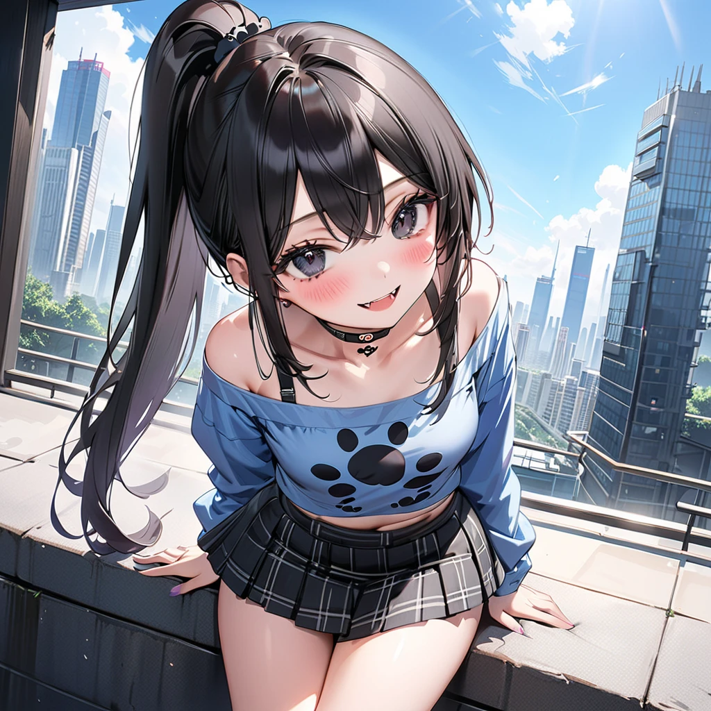 ((best quality)), ((highly detailed)), masterpiece, absurdres, (detailed eyes, deep eyes), (1girl), from above, bird's-eye view, on all fours, <lora:MavisV1:1>, MavisNSFW, black hair, medium hair, blue eyes, black lips, fangs, medium breasts, smiling, black dress, short dress, striped thighhighs, (outdoors, at a city, afternoon)