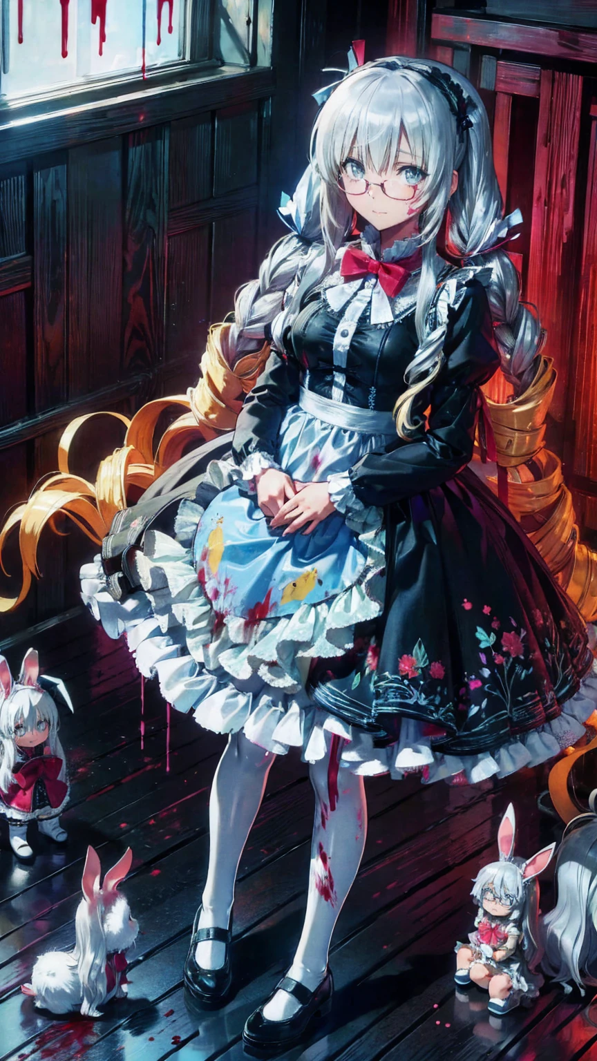 Tokyo ghoul style, female, 22, long white wavy hair in 2 pigtails, light blue bow accessories, white and baby blue ****ta dress, black Mary janes, white knee high socks, holding a stitched up toy rabbit, adult woman, mature, grey eyes, glasses, smiling, standing over a bloodied , covered in blood splatter, headless dolls on the ground, mutilated stuffed animals
