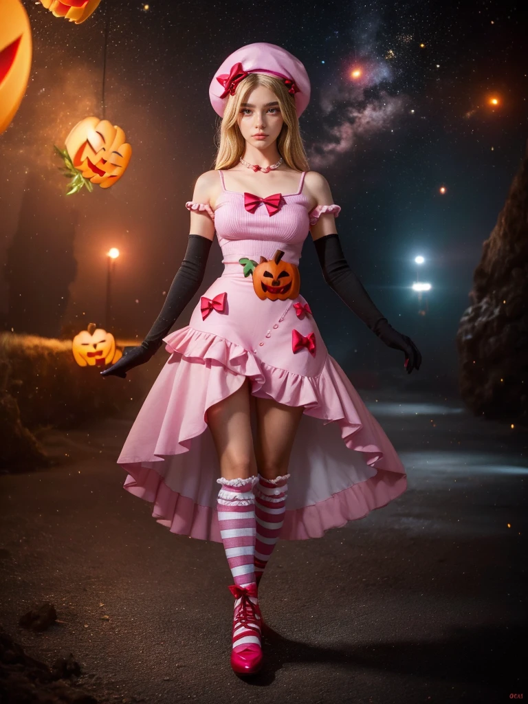 (1 lady), The beautiful, (Best quality at best:1.4), (ultra - detailed), (extremely detailed CG unified 16k), gold blonde hair, very detailed, High-definition RAW color photo, professional photoshooting, amazing face and eyes, cosmetics, (amazingly beautiful girl), ((lambdadelta, taller, tall woman, NOT Dasha Taran)), ((dress, shoes bow, red shoes, striped stockings, red bow, pink hat, necklace, gloves, pearl, pumpkin brooch, pink dress)), levitating in a cute posture (floating in the air), (She's levitating in a cosmic sea, outer space:1.3, quantum hyperspace room lacking walls, hyperspace chamber, extremely detailed background, a lot of details background, realistic background), (look from above), realistic cinematic face, head to feet long wide zoomed out view, full body long view, photorealistic, ((realistic natural blonde hair style, red eyes)), gorgeous, extremely beautiful face, perfect model beauty, pout mouth, Highly Detailed Face and Skin Texture, Detailed Eyes, Double Eyelids, Big Breasts, Persistent Stare, Faith Trance, (mystical stare, looking eternity), (masterpiece), best quality, high resolution, depth of field, cinematic lighting, amazing legs, pink combat boots, clear and well-cared skin