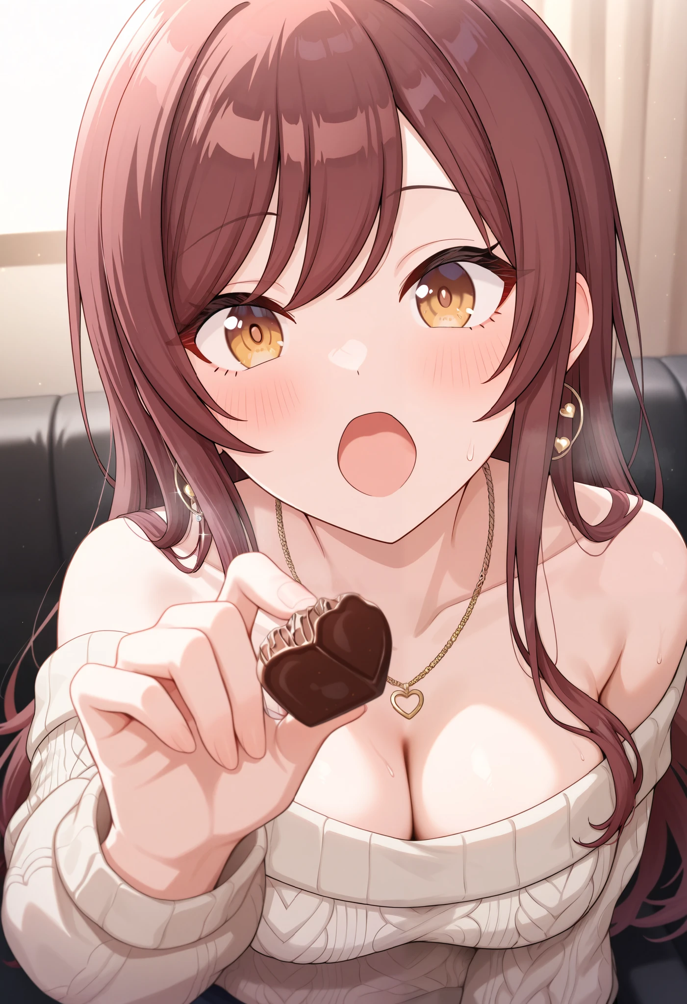 1girl, osaki amana, idol master shiny colors. An illustration of a girl with long brown hair and yellow eyes. She is wearing an off shoulder sweater. She feeds the boyfriend. questionable, close-up, looking at viewer, medium breasts, off-shoulder sweater, earrings, necklace, feeding, incoming food, chocolate, reaching towards viewer, open mouth, indoors, bloom, masterpiece, best quality, very aesthetic, absurdres