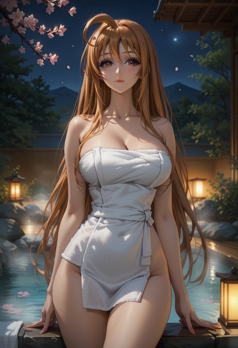 score_9, score_8_up, score_7_up, 1girl, solo, beautiful waifu, thicc, tall, mature sexy woman, (Aya Natsume, natsume aya, orange hair, long hair, brown eyes, ahoge:1.2), wearing (white towel:1.1), cleavage, detailed eyes, detailed face, flirt, (sexy pose:1.2), standing, in beautiful Kyoto Onsen, cherry blossoms, lowlight, (night:1.2), shallow depth of field.