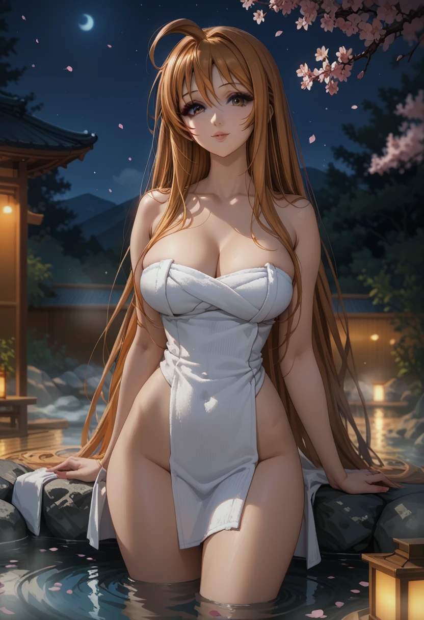 score_9, score_8_up, score_7_up, 1girl, solo, beautiful waifu, thicc, tall, mature sexy woman, (Aya Natsume, natsume aya, orange hair, long hair, brown eyes, ahoge:1.2), wearing (white towel:1.1), cleavage, detailed eyes, detailed face, flirt, (sexy pose:1.2), standing, in beautiful Kyoto Onsen, cherry blossoms, lowlight, (night:1.2), shallow depth of field.