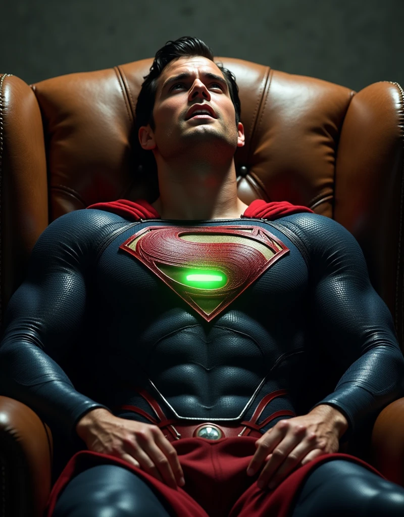 h3nr4, Henry Cavill, Short stubble, dressed in a Superman costume, reclining on a brown leather chair, with his head tilted back, grimacing facial expression,suffering,pain,hurt,agony, with his mouth slightly open and his eyes closed, small glowing green object embedded in his chest