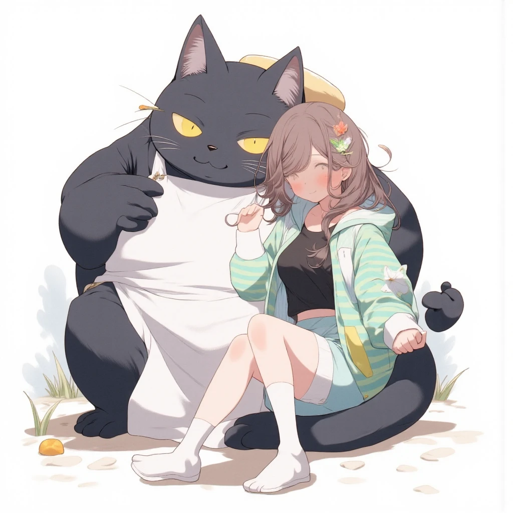 Watercolor painting illustration, full body, A big-black-cat and A cute-young-girl are sitting on cushion, A big-black-cat is 1cat\(A fat furry male black cat, wearing a white apron with long sleeves, His Ears tilted back and spread out to the sides, drooping ears, Slit yellow eyes, slit eyes, slit yellow eyes\), A cute-young-girl is 1girl\(brown hair, asymmetrical hair, updo, Lime Green eyes, A light green horizontal striped open-front hoodie over a black camisole, Light green striped shorts, White thigh high socks, wariza\), simple white background