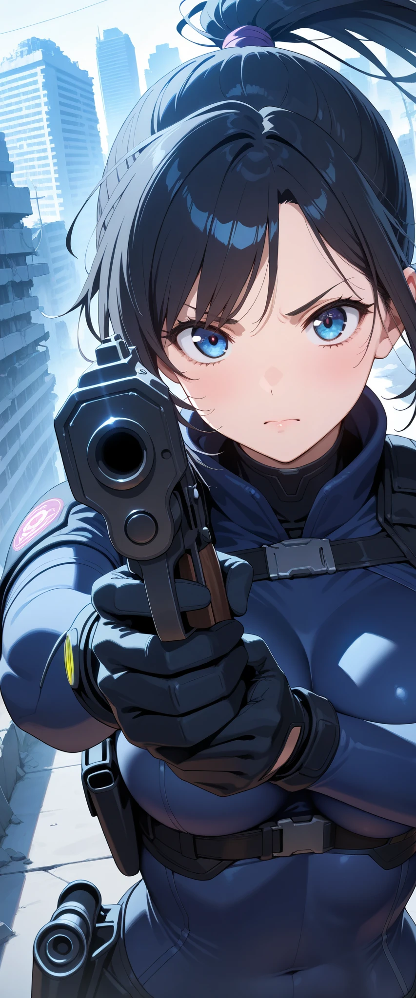  one woman,  Future female SWAT team members  ,(  grab a gun and aim here :1.6),( Gun barrel closeup  :1.6),  very fitted black tactical bodysuit , tactical headset, tactical holster ,Tactical Gloves ,break(Serious), ponytail, black hair,  beautiful face,   beautiful eyes ,   beautiful eyes , very detailed face ,  beautiful body,The ruins of a futuristic city are in the background  ,  Cyberpunk,Beautiful female arms, detailed hands ,( Dynamic:1.6)