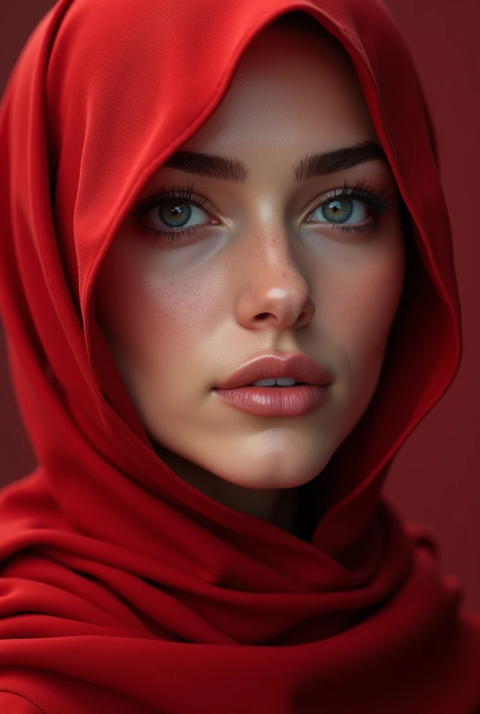 A emma myers,,perfect eyes,with elegance red hijab,medium body,eyes wink expression,,pm, 3d render