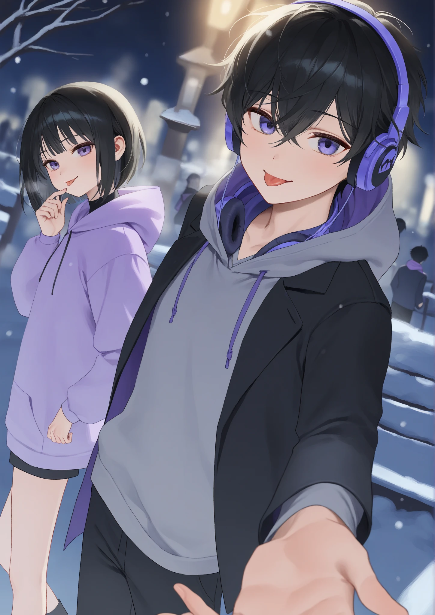 Alone,  Shortcut,  black hair,  sticks out his tongue ,  headphones、Neutral Male、 hooded hoodie for standing in a winter park、 Minimalist , Moonlit Night、smile