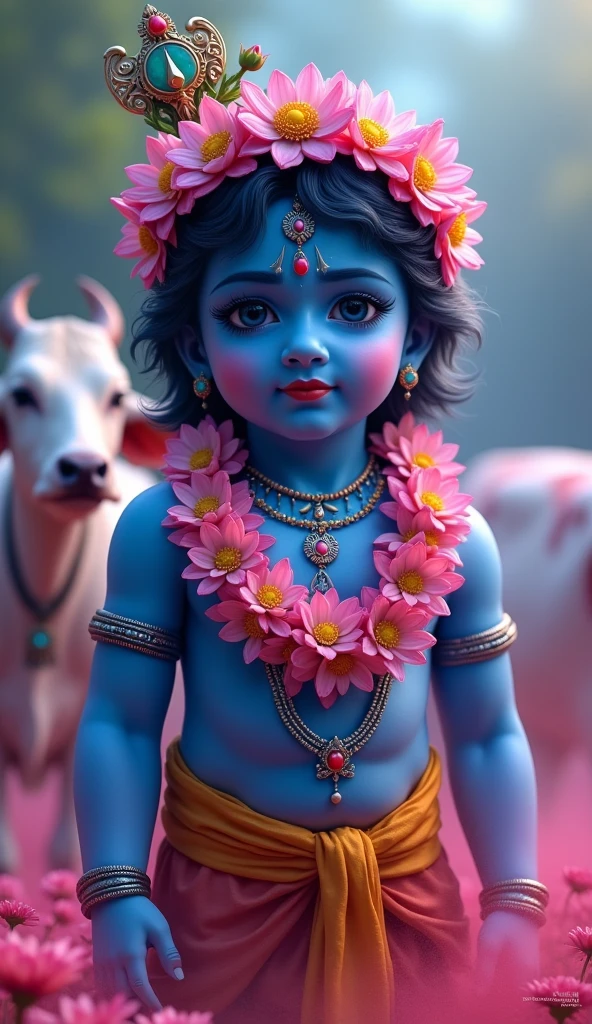 Lord Krishna in teenage with his beautiful smiling face and peacock feather in his hair and cyber war on white horse