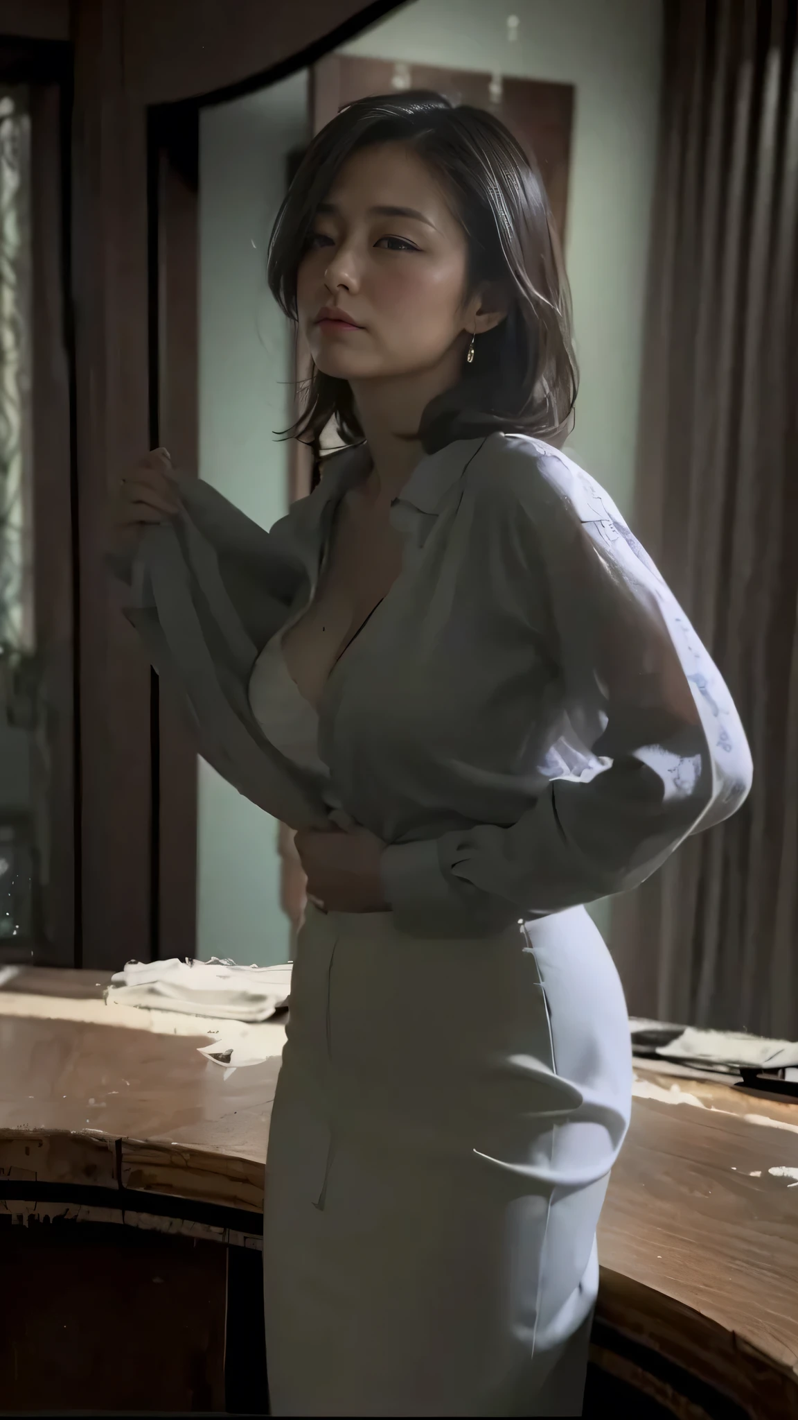  30 year old Japanese woman, She appears to be unbuttoning and taking off her silk printed blouse.,He is staring at the man standing at the entrance of the room and has a provocative expression, A white silk camisole with a loose neckline exposing her cleavage.,A tight skirt clinging to the lower half of her body., A woman leaning with her buttocks on a table in a dimly lit reception room., Her hair, back and buttocks are shining in the backlight.,超 High Quality , masterpiece, ultra  high definition , (Realistic: 1.4),  very detailed CG Unity 8k wallpaper, It&#39;s detailed and complex,  original ,  high definition ,  RAW photos , ( Completate), Delicate and complex,  DSLR ,  soft lighting,  High Quality ,  film particles ,  depth of field, Leica Camera, 50mm lens, Backlight,  high definition ,  surreal, Color Grade,  dynamic poses , Portraiture,