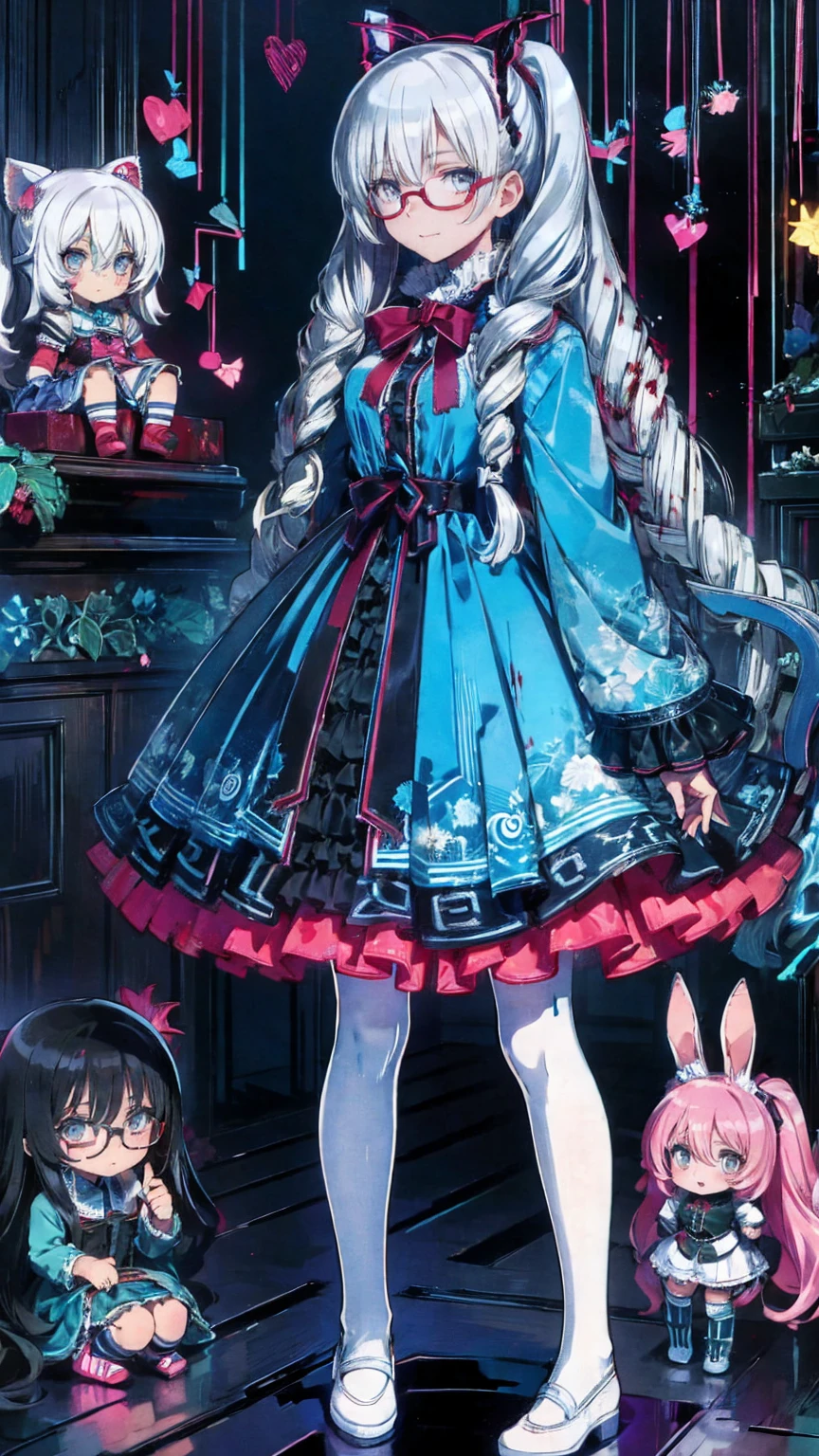 Tokyo ghoul style, female, 22, long white wavy hair in 2 pigtails, light blue bow accessories, white and baby blue ****ta dress, black Mary janes, white knee high socks, holding a stitched up toy rabbit, adult woman, mature, grey eyes, glasses, smiling, standing over a bloodied , covered in blood splatter, headless dolls on the ground, mutilated stuffed animals
